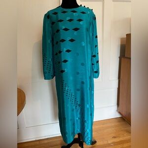 Vintage 80s Teal polka dots & Black Diamond pattern Women's MIDI Dress. Size M?